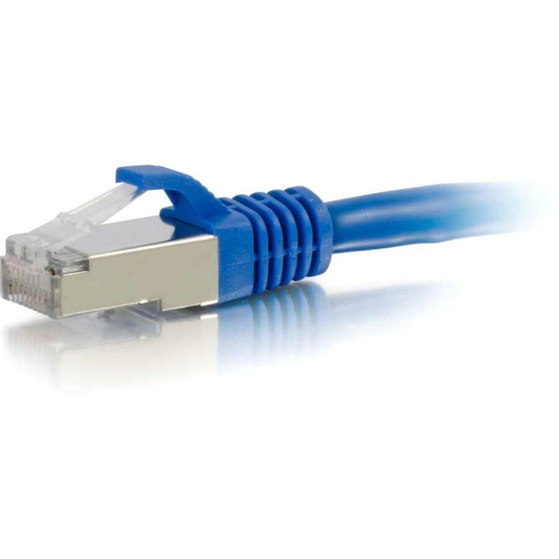 Close-up view of C2G Cat6a cable's gold-plated RJ-45 connector with blue snagless boot and shielded design