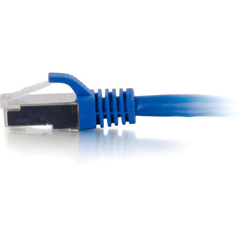 Detailed side view of C2G Cat6a network cable connector showing shielded RJ-45 plug and blue strain relief boot