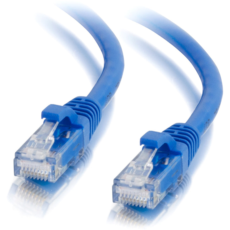 Both ends of Cat6a ethernet cable showing matching RJ-45 connectors with blue snagless boots