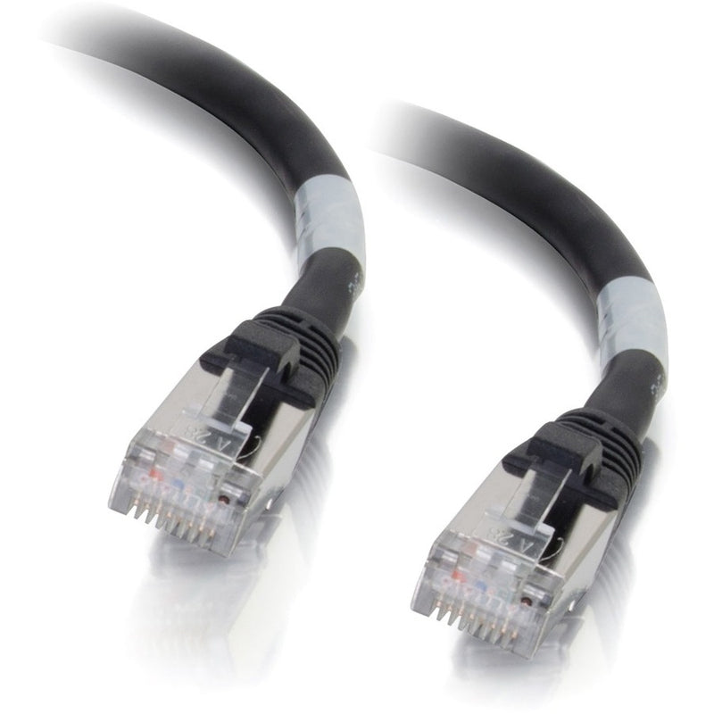 Close-up view of gold-plated RJ-45 connectors on both ends of a black Cat6a network patch cable with snagless boots