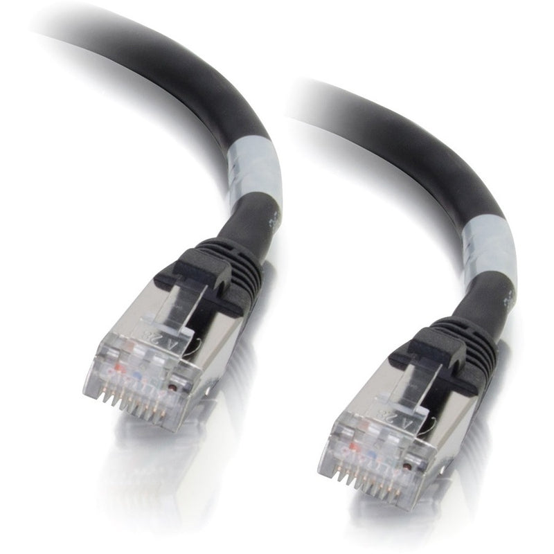 Close-up view of two gold-plated RJ-45 connectors with snagless boots on a Cat6a shielded network cable