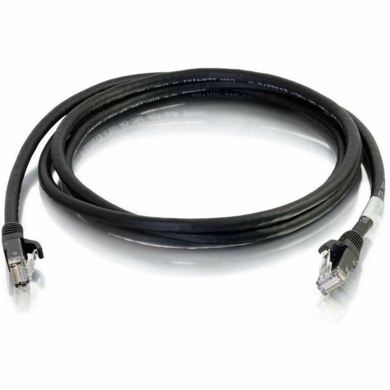 Black Cat6a ethernet cable with snagless connectors coiled in circular shape