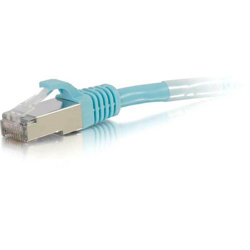 Close-up view of shielded RJ-45 connector on aqua Cat6a ethernet cable showing gold contacts and strain relief boot