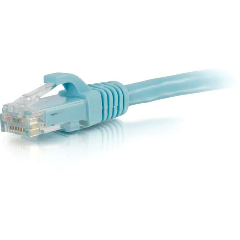 Side profile of Cat6a ethernet cable highlighting the aqua snagless boot design