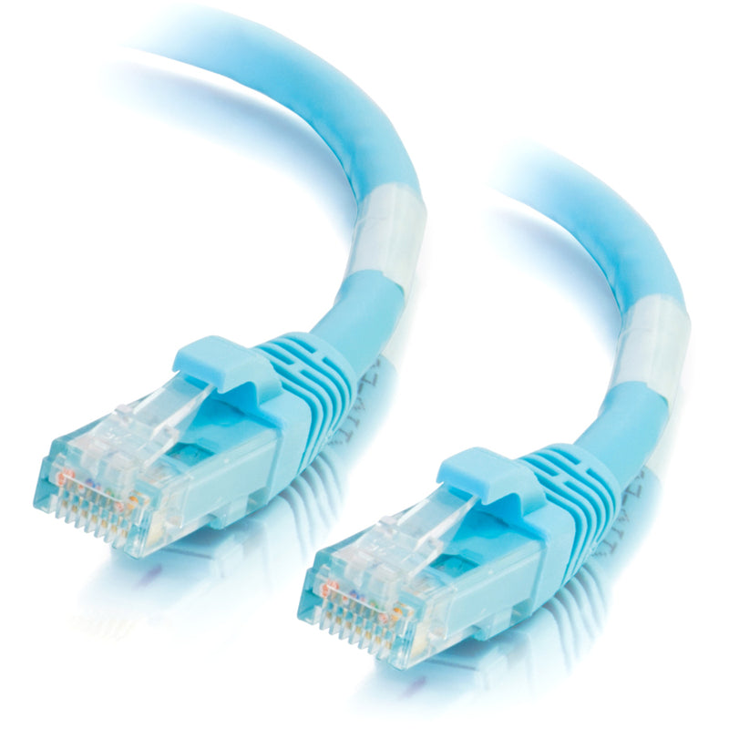 Both ends of the aqua Cat6a cable showing matching RJ-45 connectors