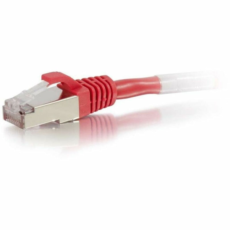 Detailed side view of red Cat6 ethernet cable connector showing snagless boot design