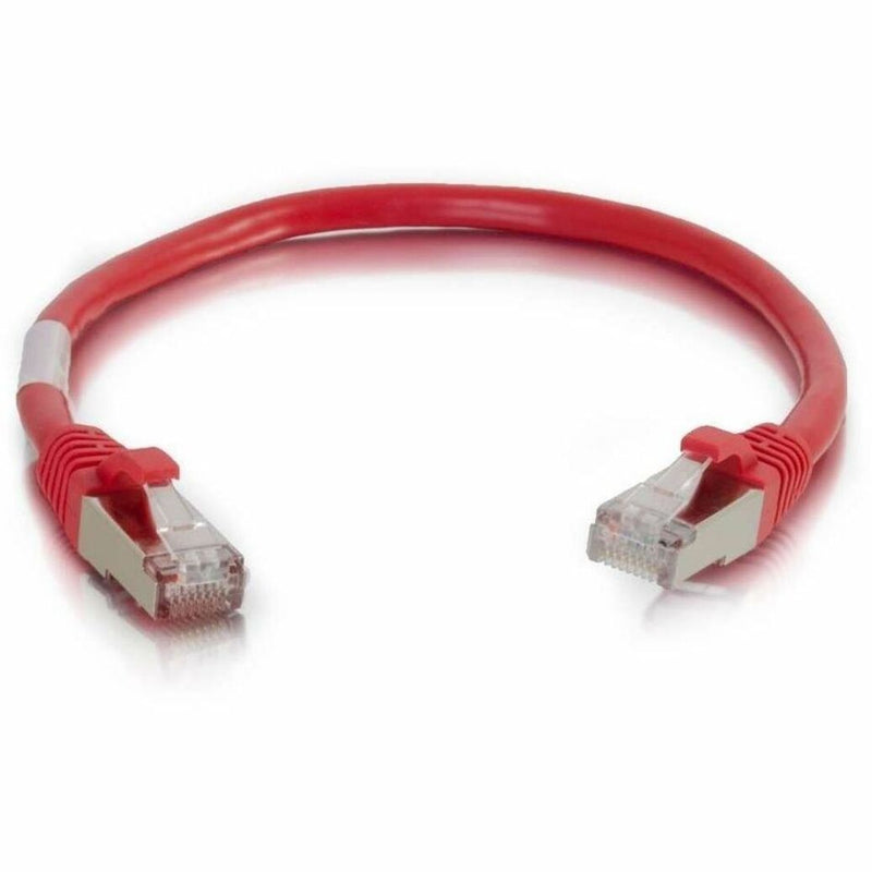 Full length view of red 6-foot Cat6 ethernet patch cable with connectors