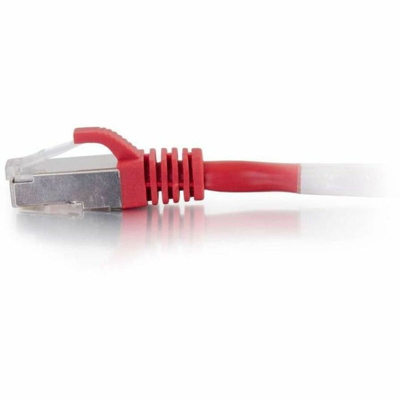 Close-up profile view of red Cat6 ethernet cable showing shielded connector design