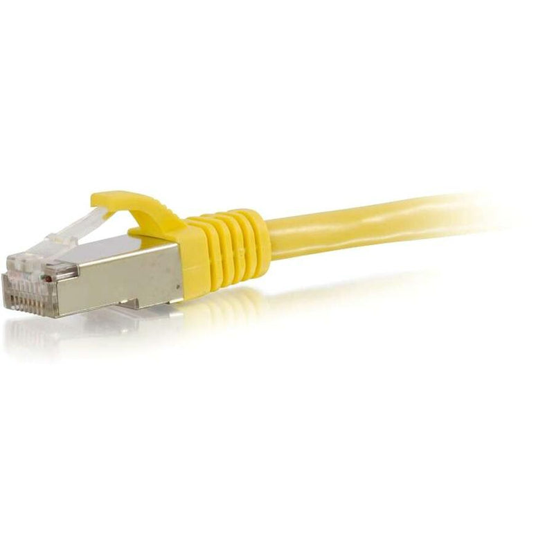 Detailed side view of yellow Cat6 ethernet cable connector highlighting strain relief and shielded construction