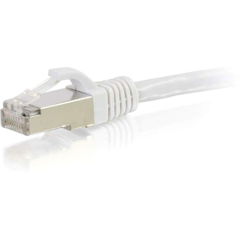 Detailed side view of white Cat6 cable connector showing strain relief boot and shielded RJ-45 termination