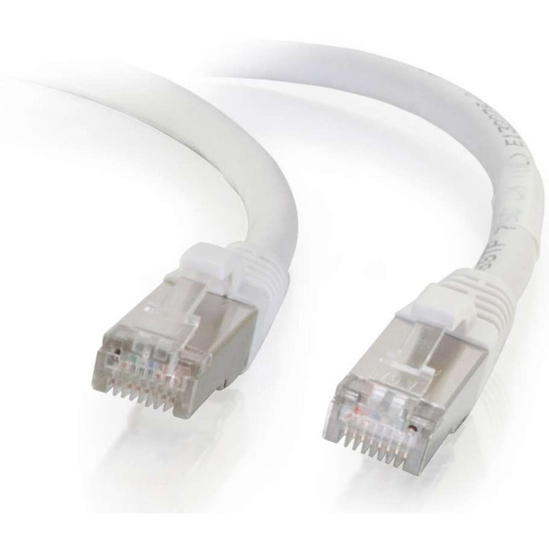 Close-up view of transparent RJ-45 connectors on white Cat6 shielded network cable showing gold contacts and snagless boot design