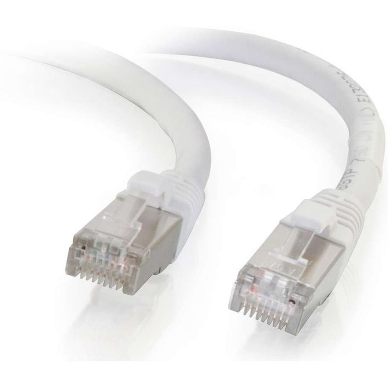 Close-up view of white Cat6 network cable with shielded RJ-45 connectors showing detailed connector construction