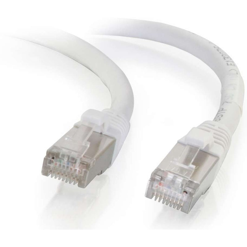 Close-up view of white Cat6 network cable with transparent RJ-45 connectors showing gold-plated pins