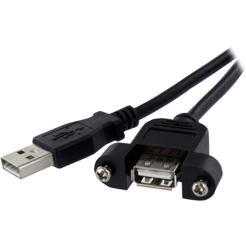 StarTech.com 3ft panel mount USB cable showing male USB-A connector and female panel mount port