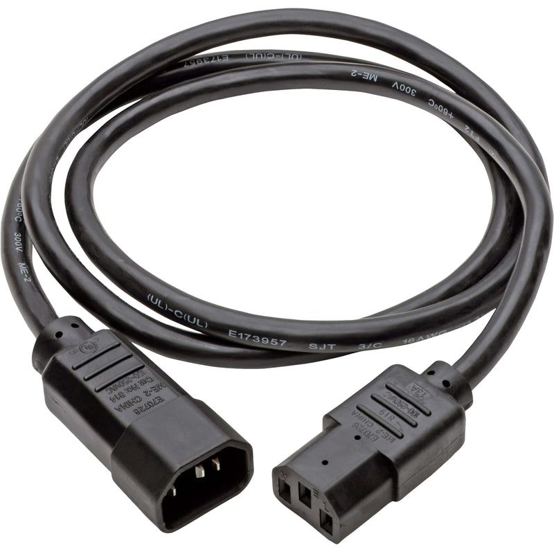 Full length view of Tripp Lite P004-003-13A power cord showing black cable and connectors