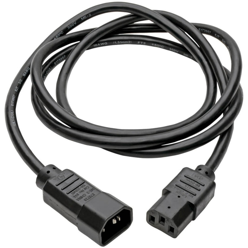 Full-length view of coiled Tripp Lite power cord showing 6-foot cable and connector endpoints