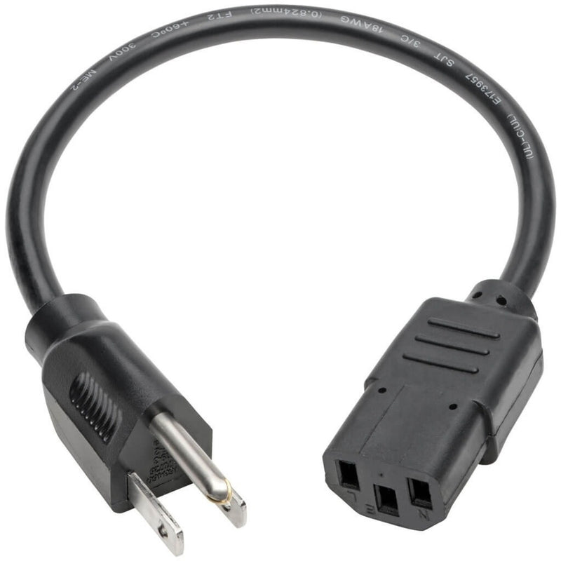 Full length view of 1-foot Tripp Lite power cord showing both connectors