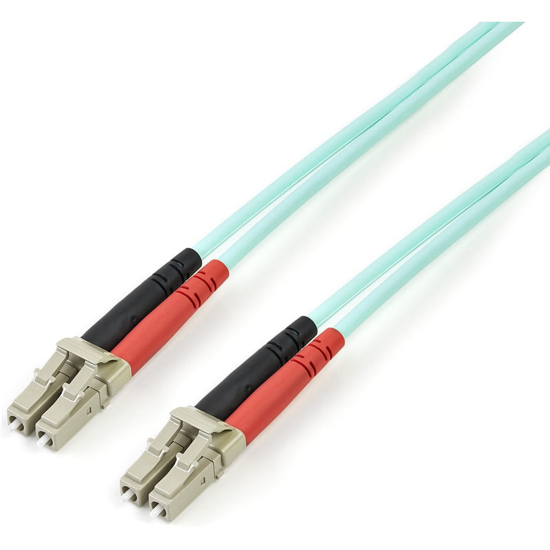 StarTech.com aqua fiber optic patch cable with LC connectors showing both cable ends with black and red strain relief boots