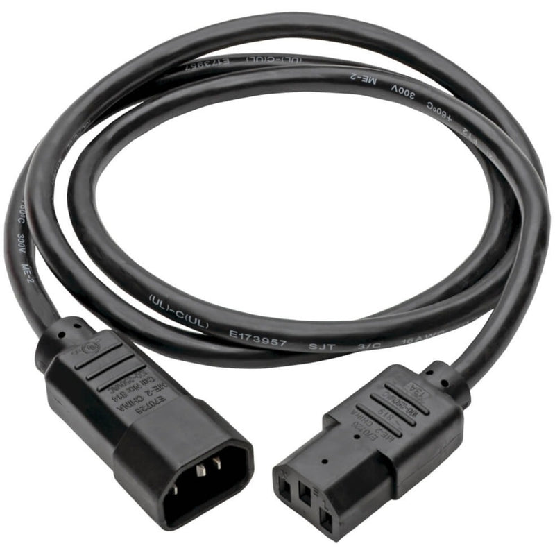 Full length view of Tripp Lite P004-004-13A power cord showing curved cable layout and both connectors