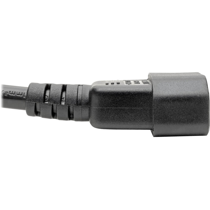 Detailed view of strain relief and connector construction on Tripp Lite power cord