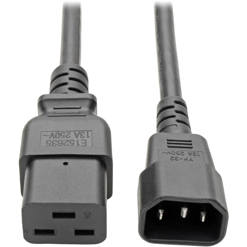 Close-up view of IEC C19 and C14 connectors on Tripp Lite power cord showing molded construction