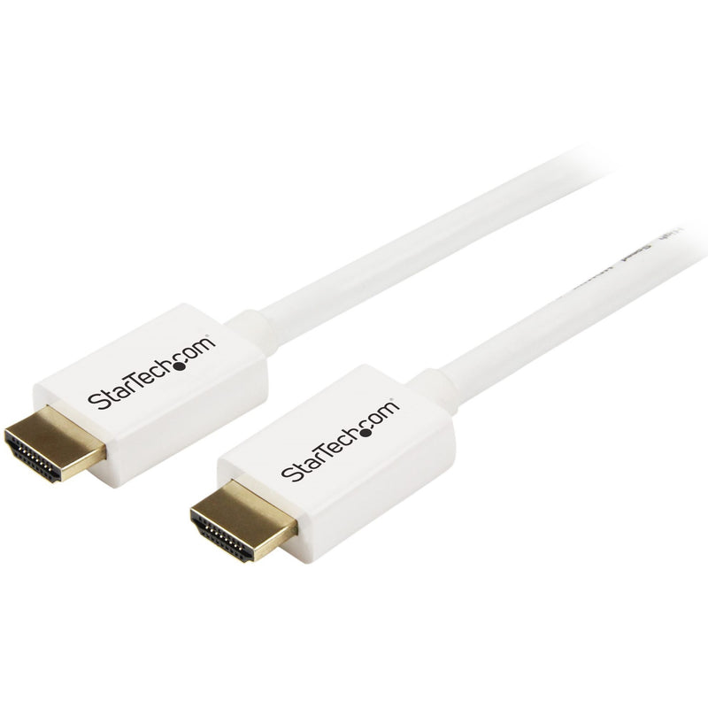 White StarTech HDMI cable with gold-plated connectors shown from both ends