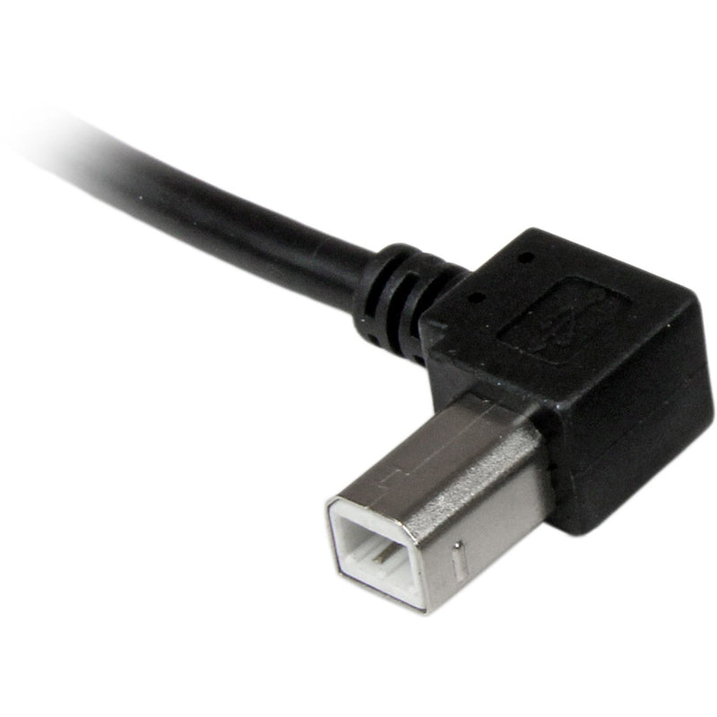 Close-up of left-angle USB-B connector showing space-saving design