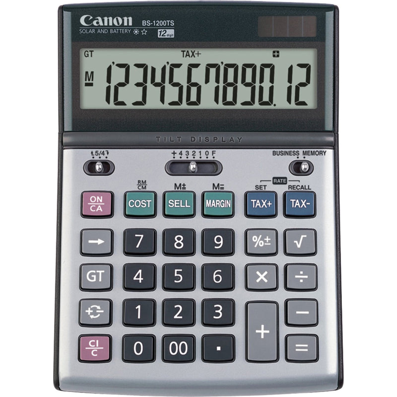 Canon BS-1200TS calculator showing large 12-digit LCD display, tilt screen functionality, and dedicated business calculation keys on a silver and black housing