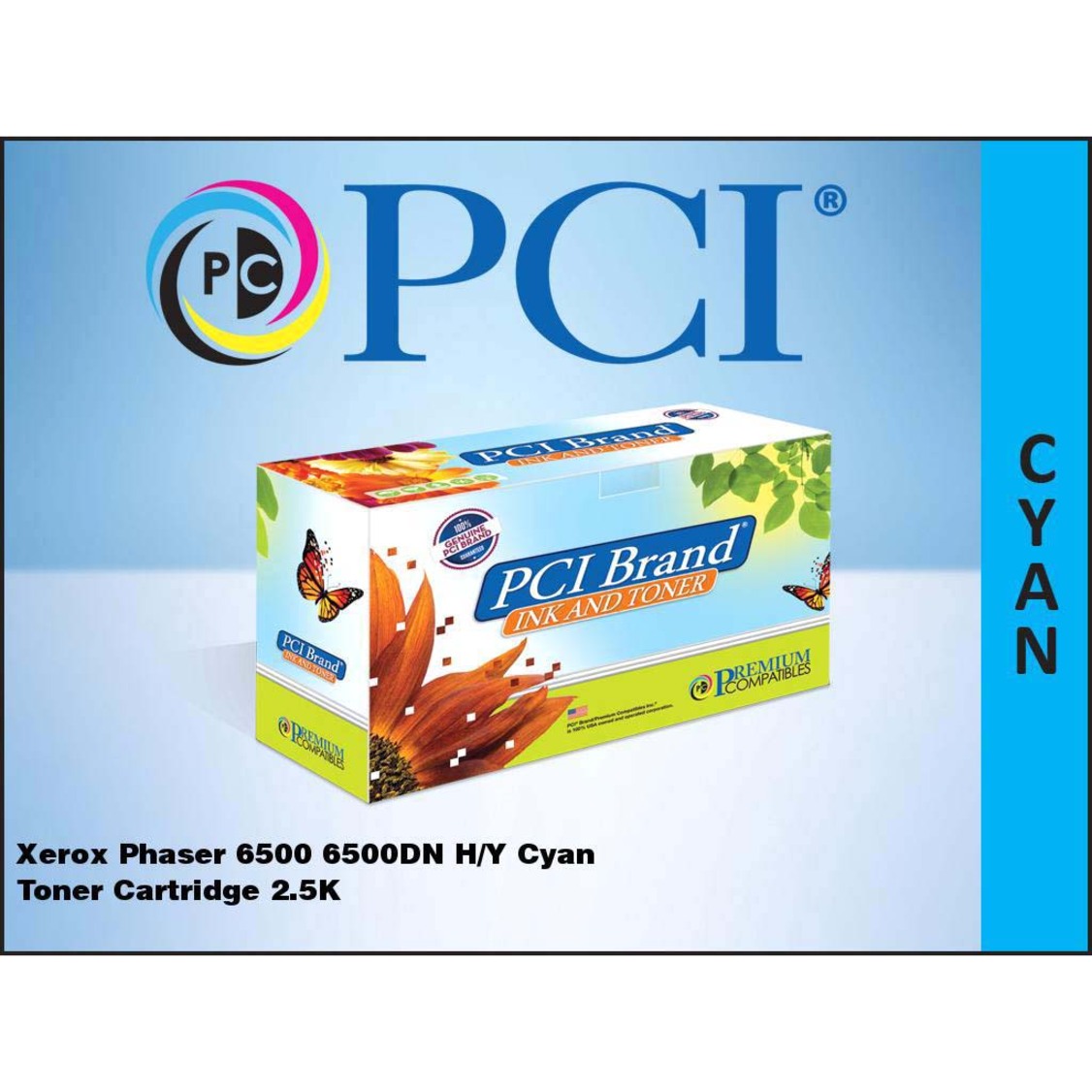 PCI Brand logo and product packaging for Xerox Phaser 6500 cyan toner cartridge with specifications displayed on blue background-alternate-image2