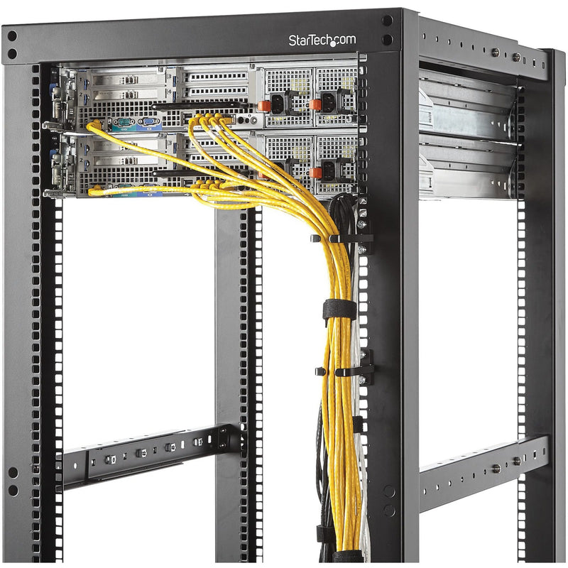 Server rack showing vertical cable management using D-ring hook with yellow ethernet cables