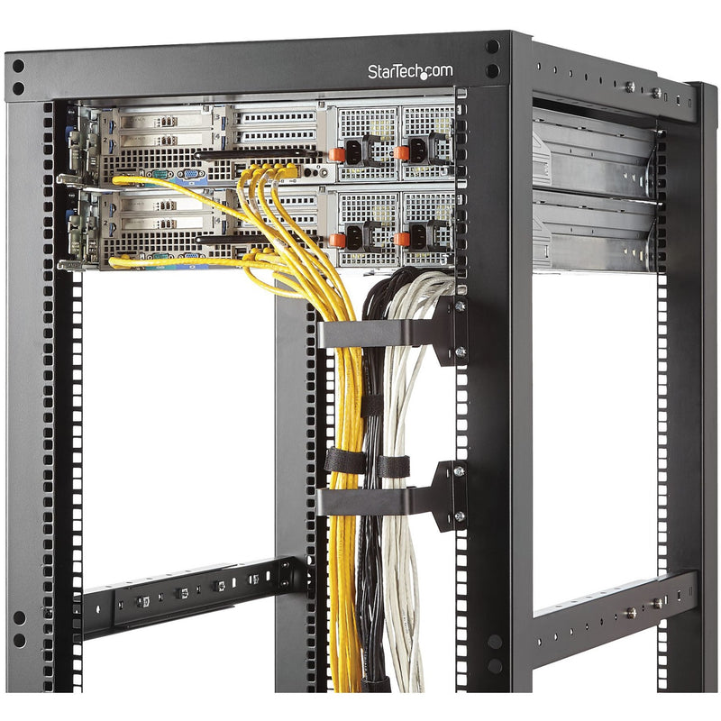 Server rack implementation showing D-ring hooks managing yellow and white cable bundles