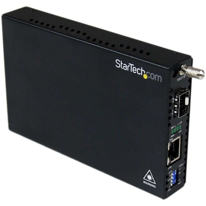 Front angled view of StarTech.com ET91000SFP2 Gigabit Ethernet Fiber Media Converter showing RJ-45 port and SFP slot