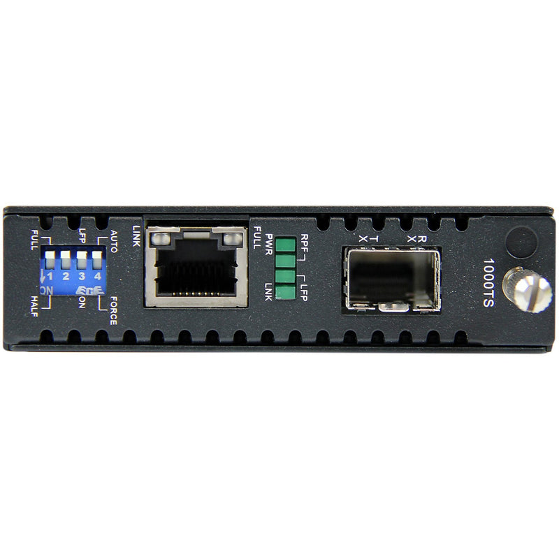 Close-up view of ET91000SFP2 media converter ports showing RJ-45 connector, SFP slot, and status indicators