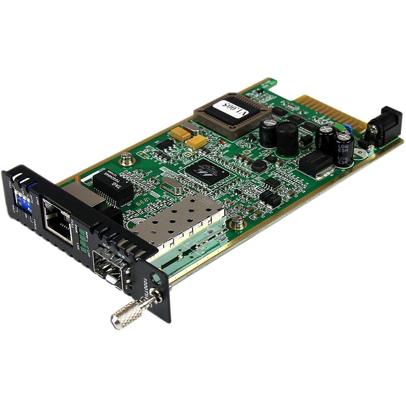 Top-down view of StarTech ET91000SFP2C media converter card showing circuit board components and SFP slot