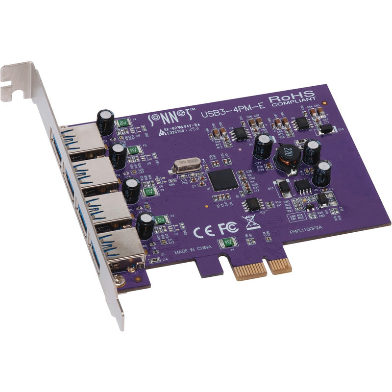 Sonnet ALLEGRO USB3-4PM-E PCIe card showing four USB 3.0 ports, purple circuit board, and PCIe interface