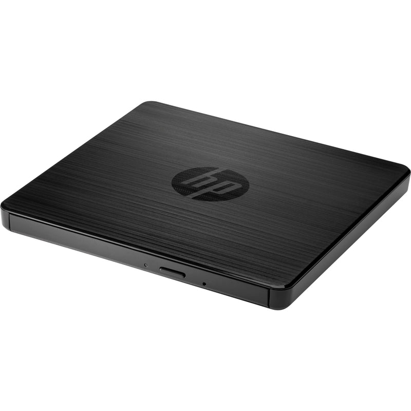 HP External USB DVDRW Drive showing sleek black brushed aluminum finish with HP logo