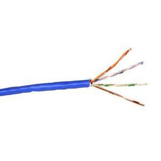 Close-up view of Belkin Cat5e cable showing exposed color-coded copper wire pairs with blue outer jacket