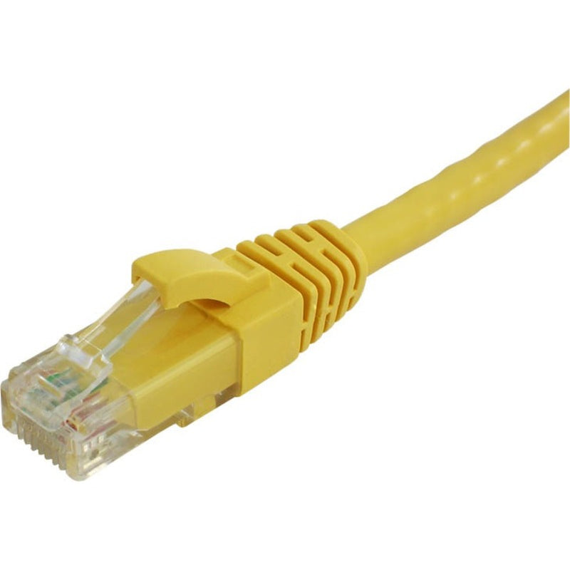 Close-up view of yellow CAT5E ethernet cable RJ-45 connector with gold-plated contacts and snagless boot