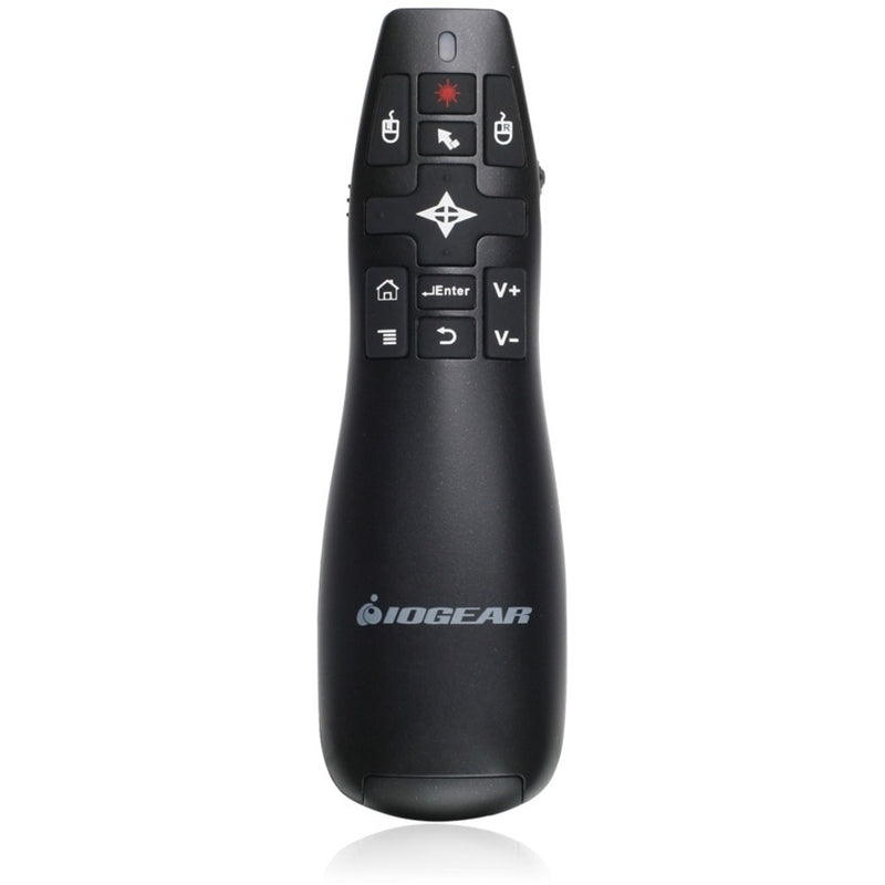 IOGEAR RedPoint Pro presentation remote showing button layout with laser pointer, navigation controls, and volume buttons on black ergonomic housing