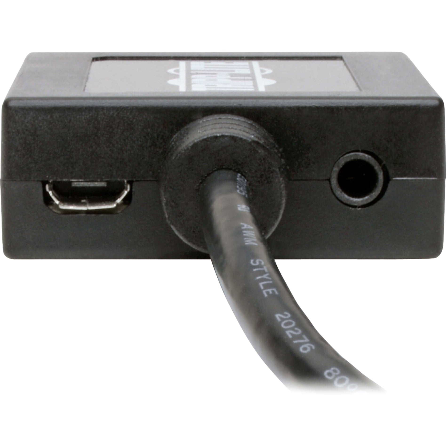 Close-up view of Tripp Lite adapter's Micro USB power port and audio jack-alternate-image2