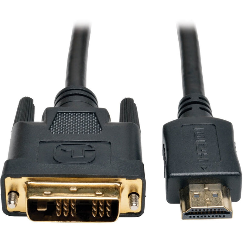 Close-up view of Tripp Lite P566-003 cable showing HDMI connector and gold-plated DVI connector with protective shielding