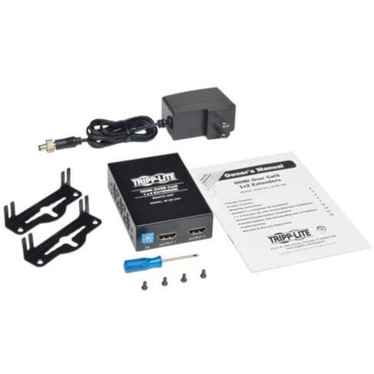 Complete package contents of B126-2A0 including unit, mounting hardware, power supply, and documentation