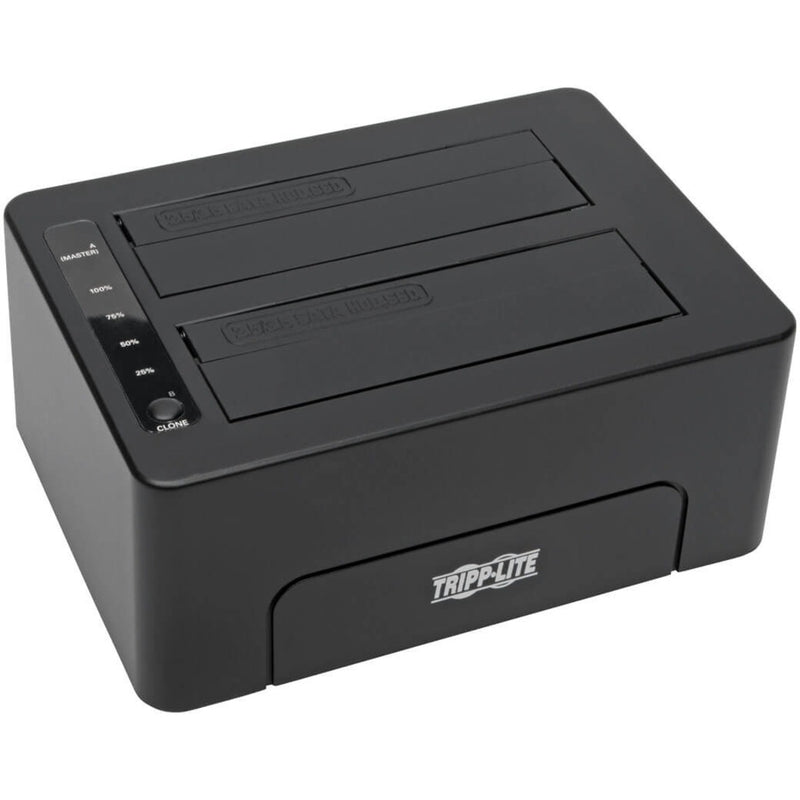 Front view of Tripp Lite U339-002 dual bay hard drive docking station showing drive slots and LED indicators