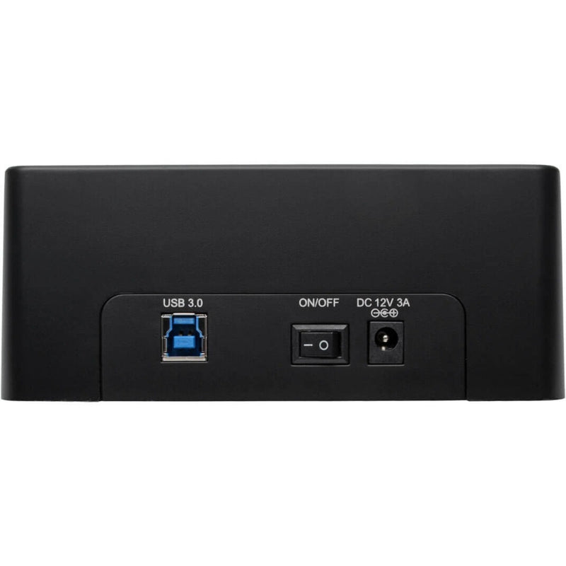 Rear view of Tripp Lite docking station showing USB 3.0 port, power switch, and DC input