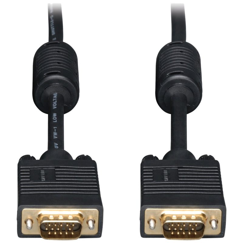 Detailed view of VGA cable connectors showing gold-plated pins and robust strain relief design