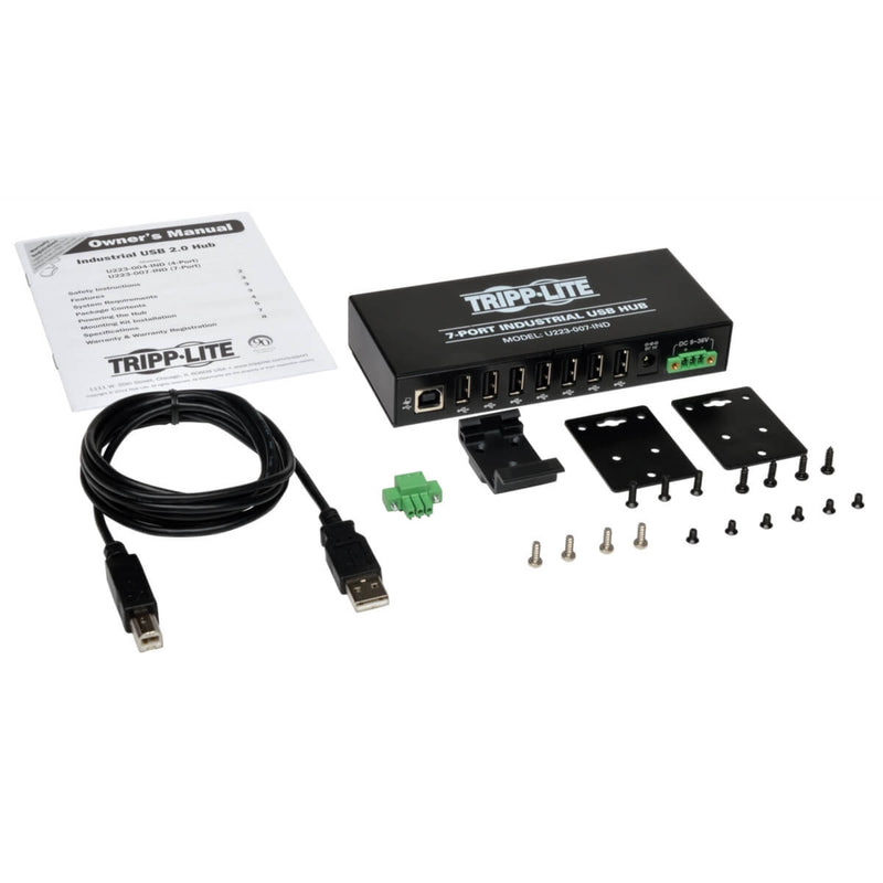 Complete package contents including USB hub, cables, mounting hardware, and manual