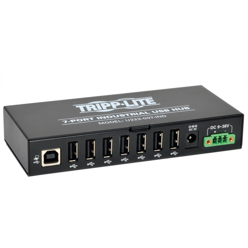 Front view of Tripp Lite 7-port industrial USB hub showing USB ports and power connections