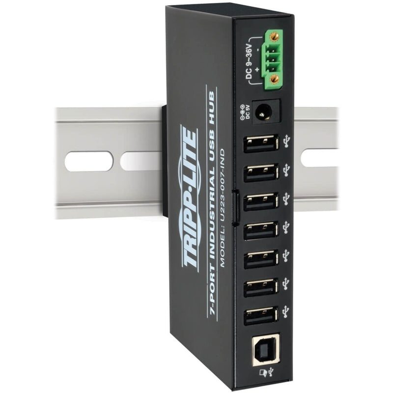 Side view showing DIN rail mounting installation of USB hub