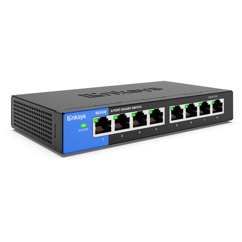 Front view of Linksys SE3008 8-port Gigabit Ethernet switch showing eight RJ-45 ports with status LEDs