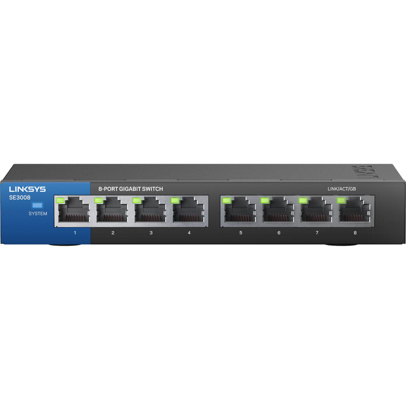 Direct front view of Linksys SE3008 switch highlighting all eight network ports and status indicators